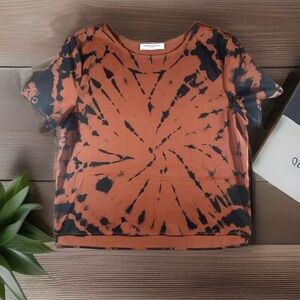 AMANDA UPRICHARD Blouse Womens Large Brown Black Tie Dye Satin Short Sleeved Top